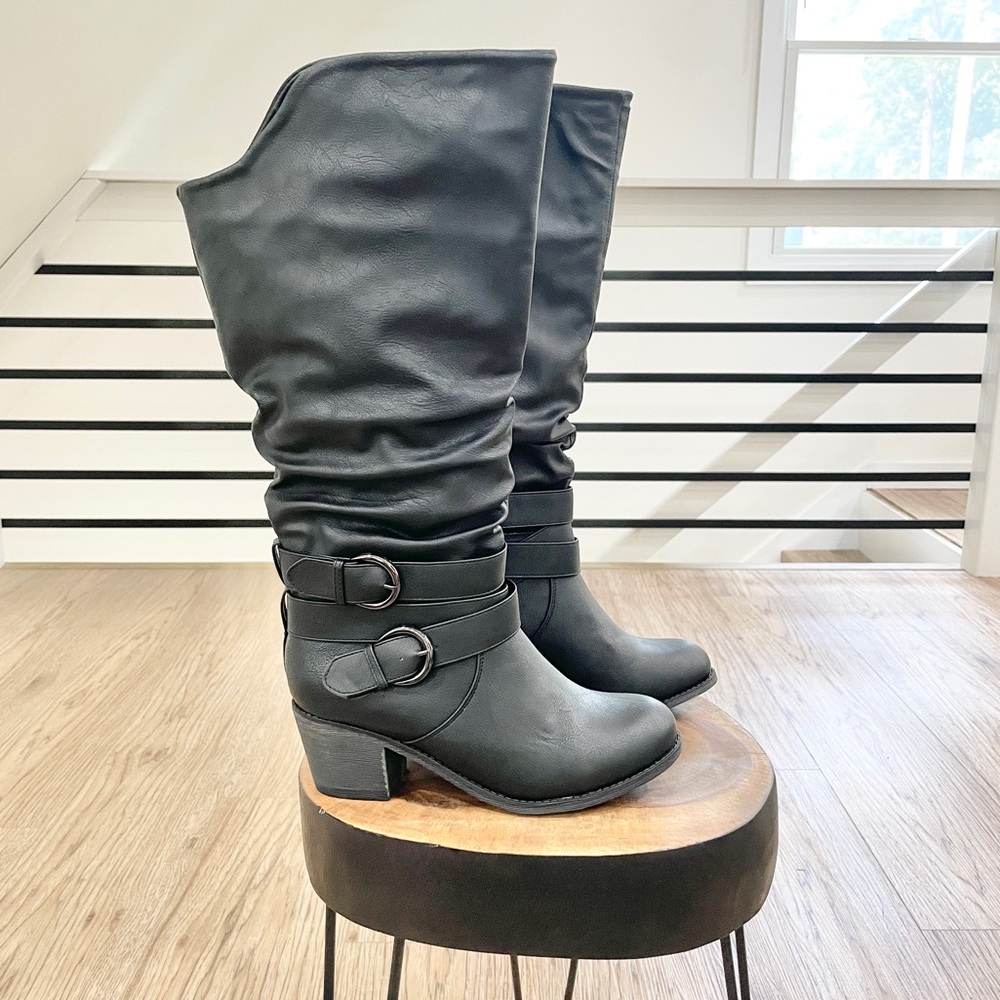 Black, vegan faux leather double buckle block heel knee-high boots